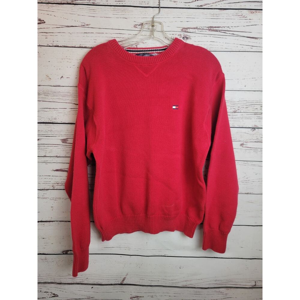 Vtg Tommy Hilfiger 80s Pullover Sweater Red Knit Long Sleeve Preppy Women's XL